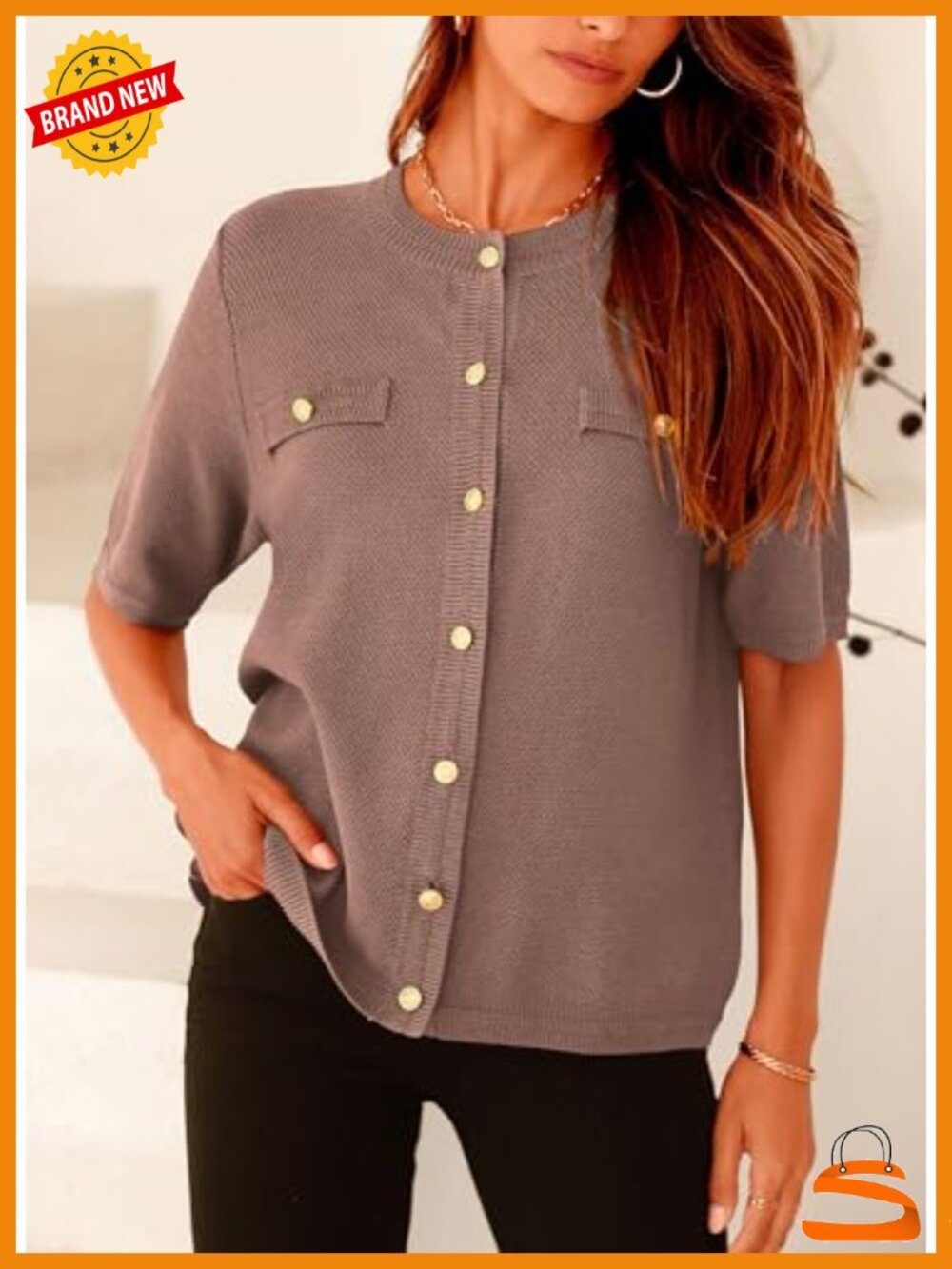 Women's Casual Short Sleeve Button Down Shirt - Ribbed Knit Blouse Top - Picture 4 of 6